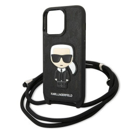 „Karl Lagerfeld“ odinis „iPhone 13 Pro“ / 13 „Iconik“ dėklas su monogramos ir virvelės uždangalu – juodas