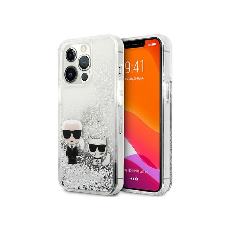 Karl Lagerfeld skysto blizgučio „Karl&Choupette“ dėklas, skirtas iPhone 13 Pro / 13 6.1" - sidabrinis