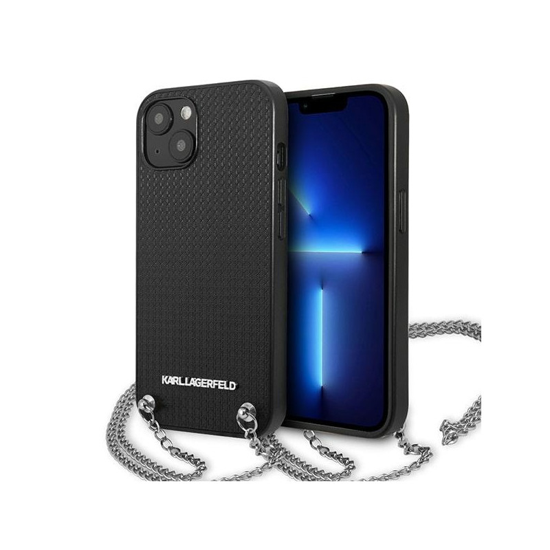 Karl Lagerfeld odinis tekstūruotas dėklas su grandinėle, skirtas iPhone 13 / 14 / 15 6.1" - juodas