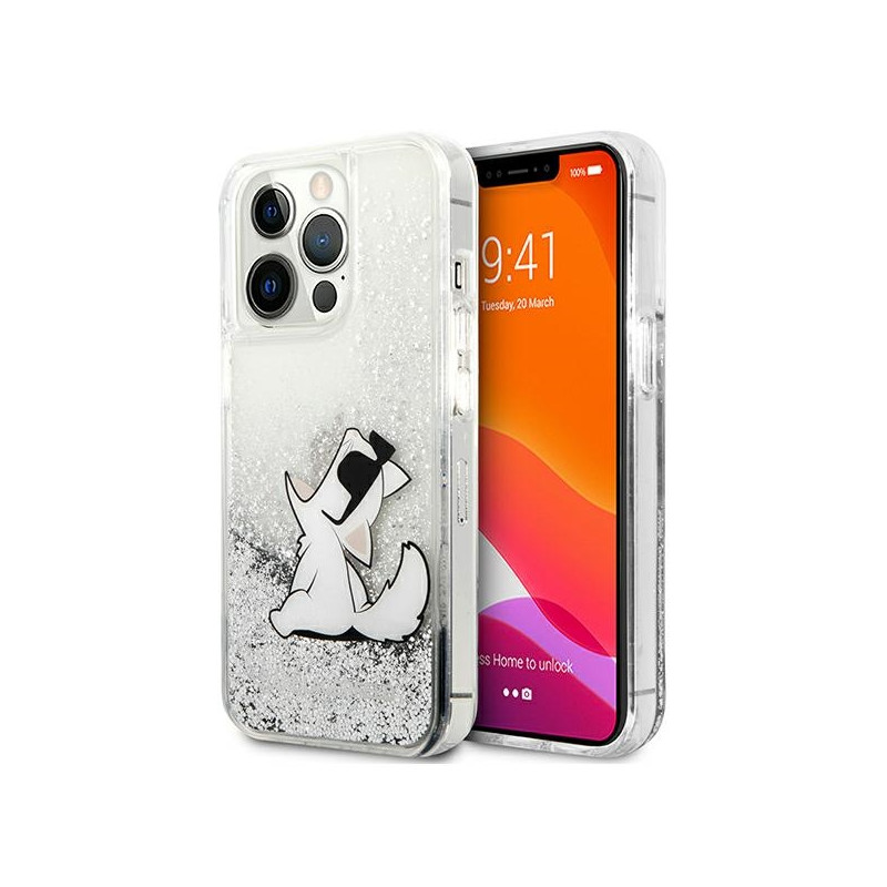 „Karl Lagerfeld“ skysto blizgučio „Choupette Fun“ dėklas, skirtas „iPhone 13 Pro Max 6.7“ – sidabrinis