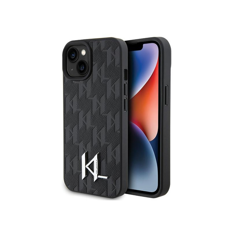 Karl Lagerfeld odinis monograminis metalinis karšto spaudo logotipo dėklas iPhone 15 / 14 / 13 6.1" - juodas