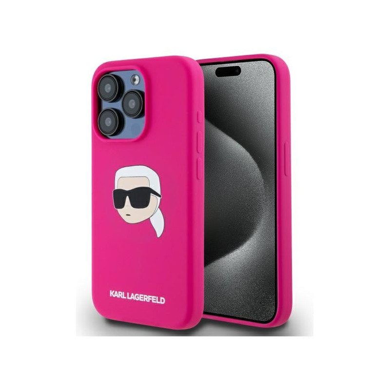„Karl Lagerfeld“ silikoninis „MagSafe“ dėklas su „Karl Head Print“, skirtas „iPhone 15 Pro 6.1“ – fuksijos spalvos
