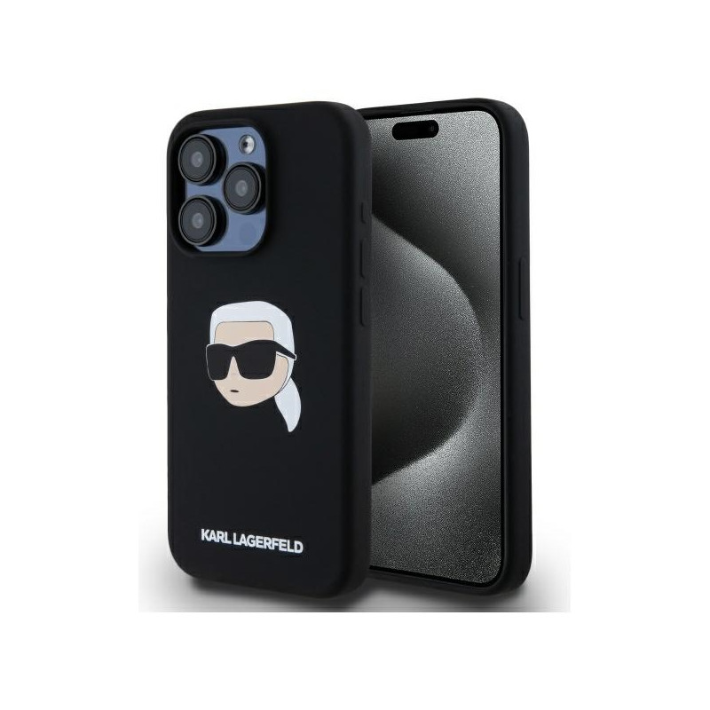 „Karl Lagerfeld“ silikoninis „MagSafe“ dėklas su „Karl Head“ atspaudu, skirtas „iPhone 15 Pro 6.1“ – juodas