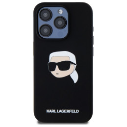 „Karl Lagerfeld“ silikoninis „MagSafe“ dėklas su „Karl Head“ atspaudu, skirtas „iPhone 15 Pro 6.1“ – juodas