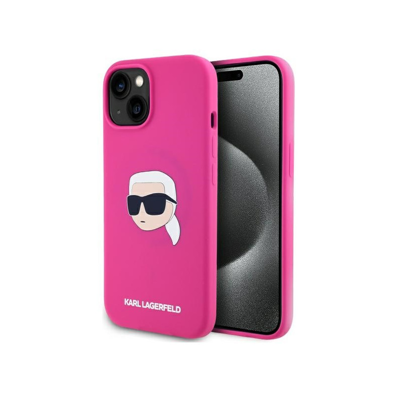 „Karl Lagerfeld“ silikoninis „MagSafe iPhone 15 6.1“ dėklas su Karlo galvos atvaizdu – fuksijos spalvos