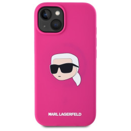„Karl Lagerfeld“ silikoninis „MagSafe iPhone 15 6.1“ dėklas su Karlo galvos atvaizdu – fuksijos spalvos