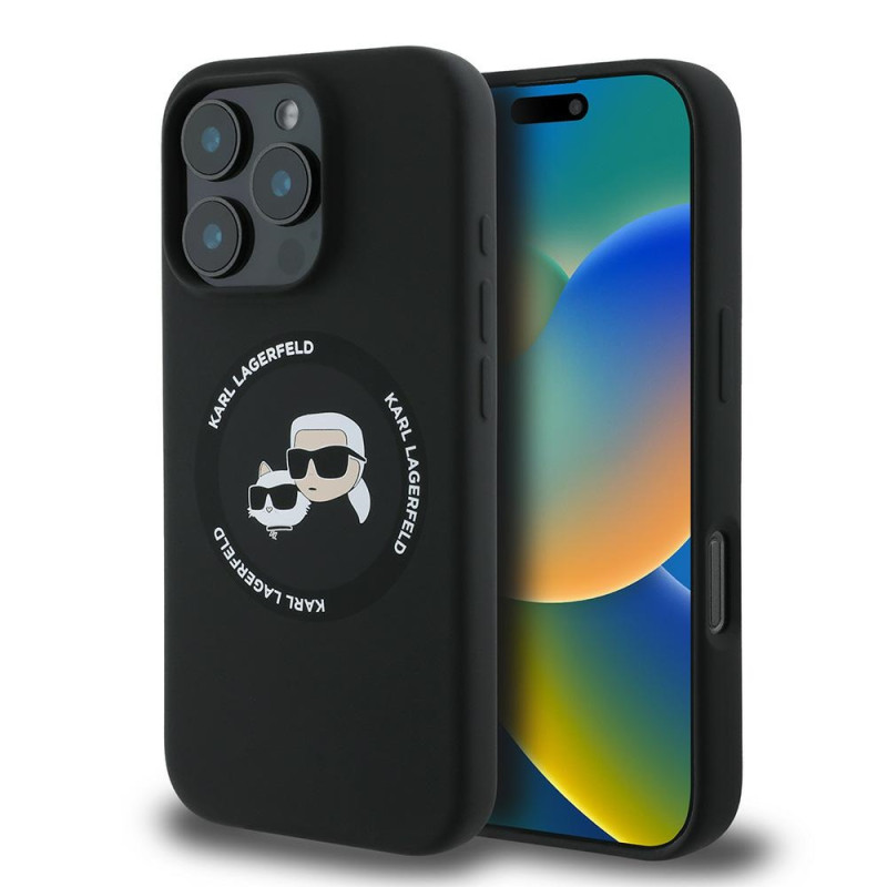 „Karl Lagerfeld“ silikoninis „Karl&Choupette Heads“ „MagSafe“ dėklas, skirtas „iPhone 16 Pro 6.3“ – juodas