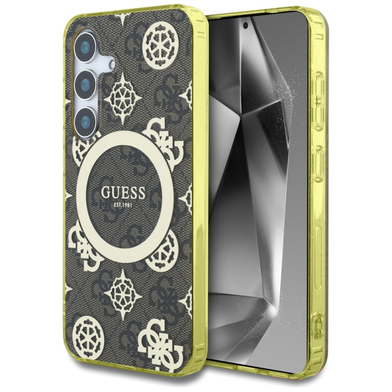 „Guess 4G“ foninis auksinis galvanizuoto bijūnų rašto „MagSafe“ dėklas, skirtas „Samsung Galaxy S25“, rudas
