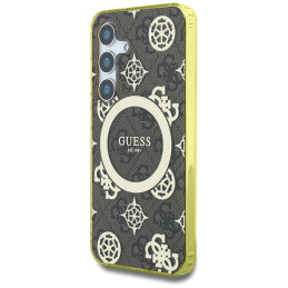 „Guess 4G“ foninis auksinis galvanizuoto bijūnų rašto „MagSafe“ dėklas, skirtas „Samsung Galaxy S25“, rudas