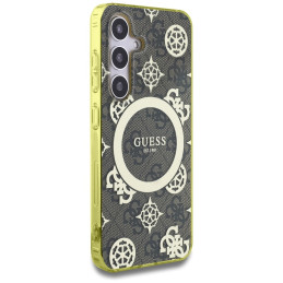 „Guess 4G“ foninis auksinis galvanizuoto bijūnų rašto „MagSafe“ dėklas, skirtas „Samsung Galaxy S25“, rudas