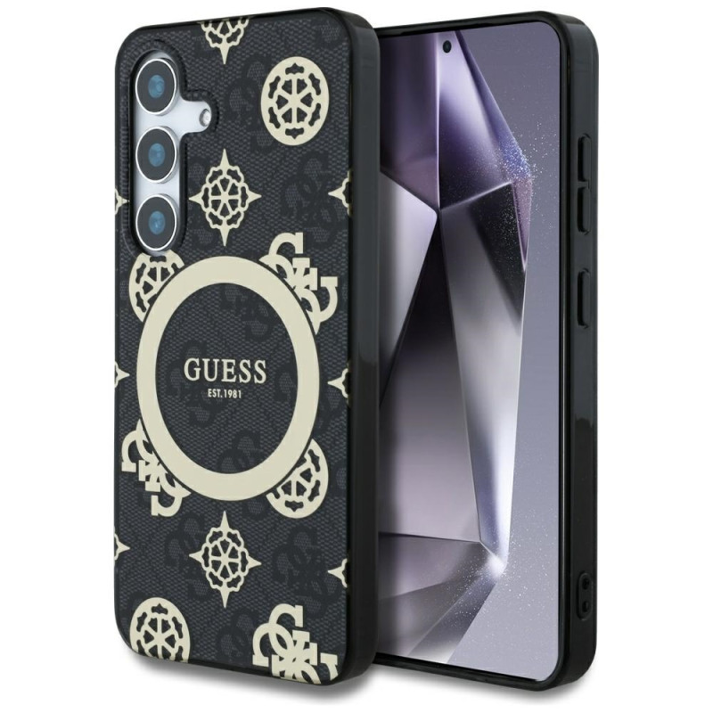 „Guess 4G“ foninis auksinis galvanizuoto bijūnų rašto „MagSafe“ dėklas, skirtas „Samsung Galaxy S25“, juodas