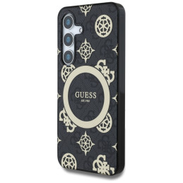 „Guess 4G“ foninis auksinis galvanizuoto bijūnų rašto „MagSafe“ dėklas, skirtas „Samsung Galaxy S25“, juodas