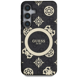 „Guess 4G“ foninis auksinis galvanizuoto bijūnų rašto „MagSafe“ dėklas, skirtas „Samsung Galaxy S25“, juodas