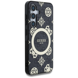 „Guess 4G“ foninis auksinis galvanizuoto bijūnų rašto „MagSafe“ dėklas, skirtas „Samsung Galaxy S25“, juodas