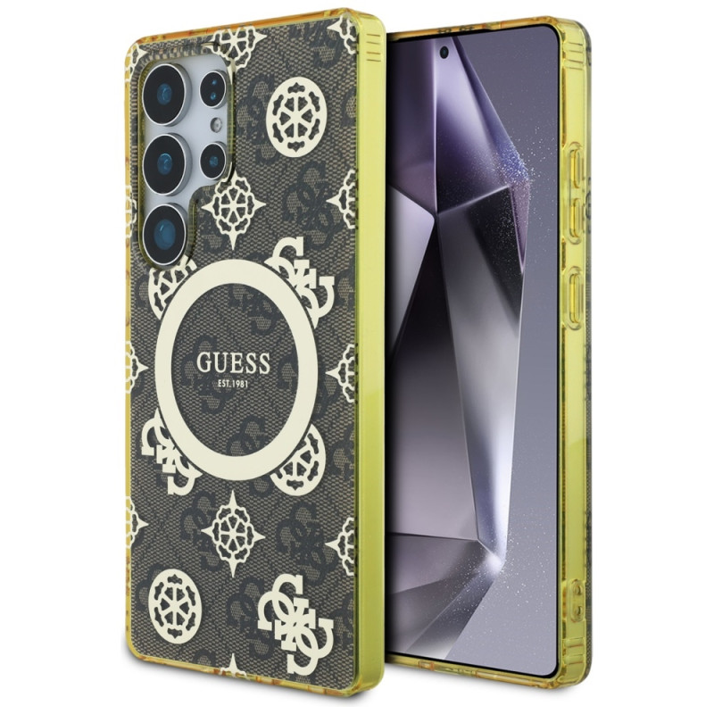 „Guess 4G“ foninis auksinis galvanizuoto bijūnų rašto „MagSafe“ dėklas, skirtas „Samsung Galaxy S25 Ultra“, rudas