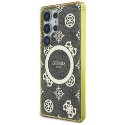 „Guess 4G“ foninis auksinis galvanizuoto bijūnų rašto „MagSafe“ dėklas, skirtas „Samsung Galaxy S25 Ultra“, rudas