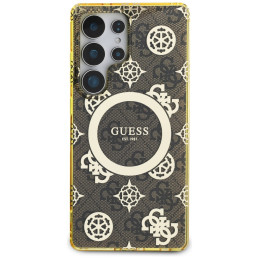 „Guess 4G“ foninis auksinis galvanizuoto bijūnų rašto „MagSafe“ dėklas, skirtas „Samsung Galaxy S25 Ultra“, rudas