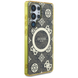 „Guess 4G“ foninis auksinis galvanizuoto bijūnų rašto „MagSafe“ dėklas, skirtas „Samsung Galaxy S25 Ultra“, rudas