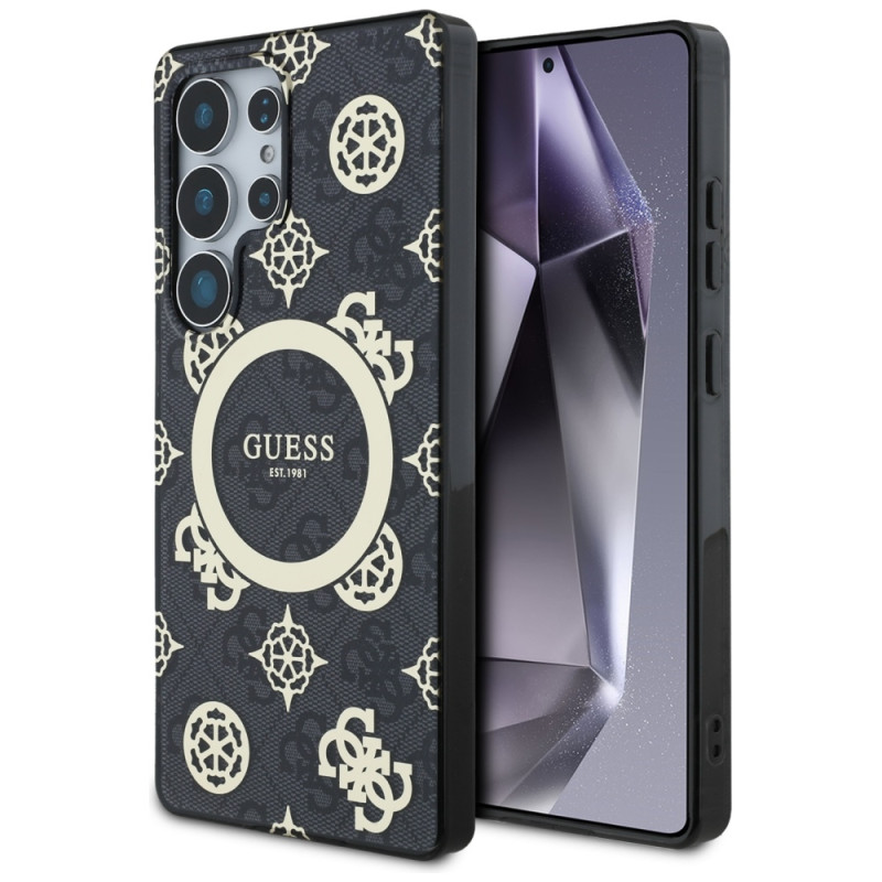 „Guess 4G“ foninis auksinis galvanizuoto bijūnų rašto „MagSafe“ dėklas, skirtas „Samsung Galaxy S25 Ultra“, juodas