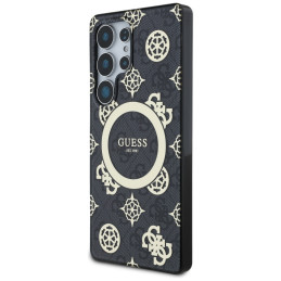 „Guess 4G“ foninis auksinis galvanizuoto bijūnų rašto „MagSafe“ dėklas, skirtas „Samsung Galaxy S25 Ultra“, juodas