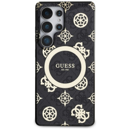 „Guess 4G“ foninis auksinis galvanizuoto bijūnų rašto „MagSafe“ dėklas, skirtas „Samsung Galaxy S25 Ultra“, juodas