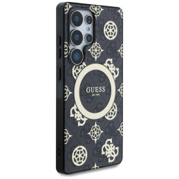 „Guess 4G“ foninis auksinis galvanizuoto bijūnų rašto „MagSafe“ dėklas, skirtas „Samsung Galaxy S25 Ultra“, juodas