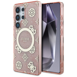 „Guess 4G“ foninis auksinis galvanizuoto bijūnų rašto „MagSafe“ dėklas, skirtas „Samsung Galaxy S25 Ultra“, rožinis