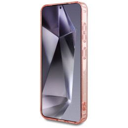 „Guess 4G“ blizgučiais aptrauktas „MagSafe“ dėklas, skirtas „Samsung Galaxy S25“, rožinis