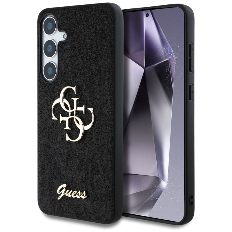 „Guess“ fiksuoto blizgučių dizaino metalinis dėklas „Samsung Galaxy S25“ telefonui, juodas