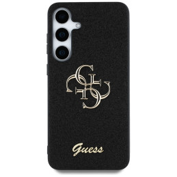 „Guess“ fiksuoto blizgučių dizaino metalinis dėklas „Samsung Galaxy S25 Plus“ su dideliu 4G logotipu, juodas