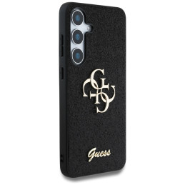 „Guess“ fiksuoto blizgučių dizaino metalinis dėklas „Samsung Galaxy S25 Plus“ su dideliu 4G logotipu, juodas