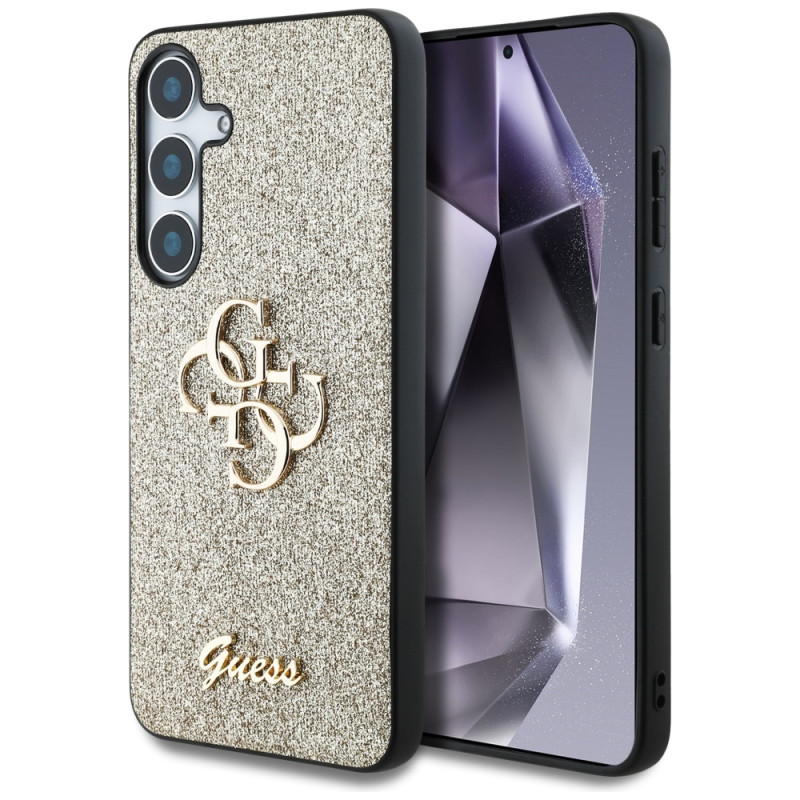 „Guess“ fiksuoto blizgučių dizaino metalinis dėklas „Samsung Galaxy S25 Plus“, auksinis