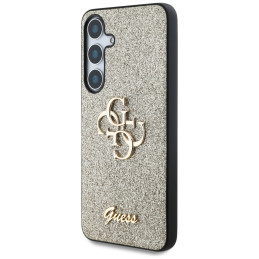 „Guess“ fiksuoto blizgučių dizaino metalinis dėklas „Samsung Galaxy S25 Plus“, auksinis