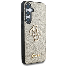 „Guess“ fiksuoto blizgučių dizaino metalinis dėklas „Samsung Galaxy S25 Plus“, auksinis