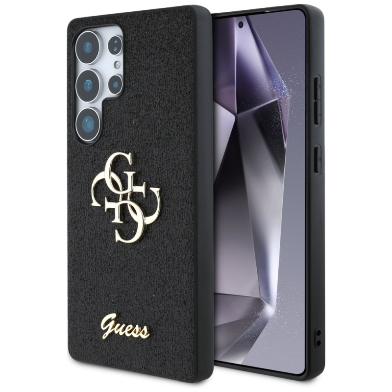 „Guess“ fiksuoto blizgučių dizaino metalinis dėklas „Samsung Galaxy S25 Ultra“, juodas