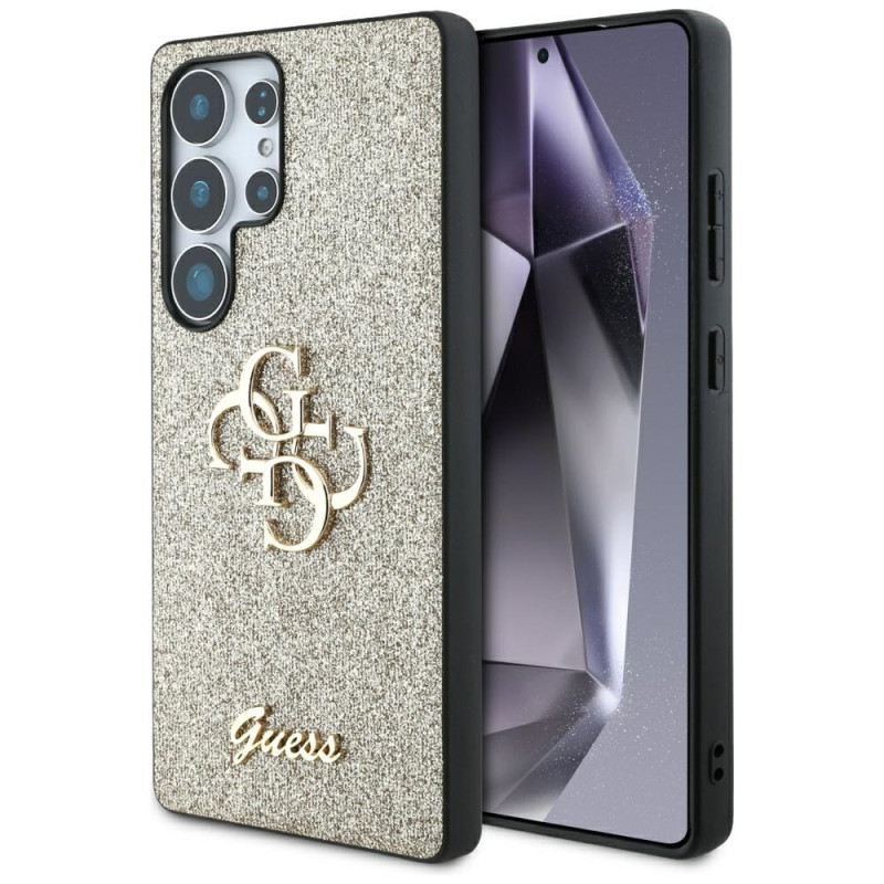 „Guess“ fiksuoto blizgučių dizaino metalinis dėklas „Samsung Galaxy S25 Ultra“, auksinis