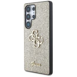 „Guess“ fiksuoto blizgučių dizaino metalinis dėklas „Samsung Galaxy S25 Ultra“, auksinis