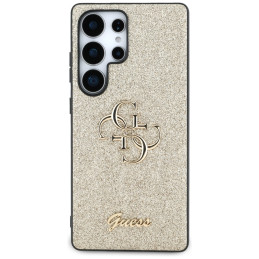 „Guess“ fiksuoto blizgučių dizaino metalinis dėklas „Samsung Galaxy S25 Ultra“, auksinis