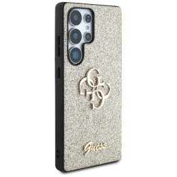 „Guess“ fiksuoto blizgučių dizaino metalinis dėklas „Samsung Galaxy S25 Ultra“, auksinis