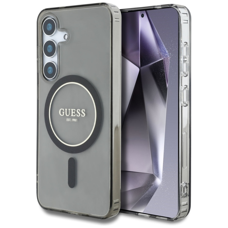 „Guess“ blizgantis apskritimas su klasikiniu logotipu, „MagSafe“ dėklas, skirtas „Samsung Galaxy S25“, juodas