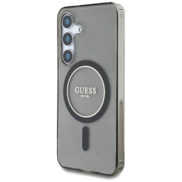 „Guess“ blizgantis apskritimas su klasikiniu logotipu, „MagSafe“ dėklas, skirtas „Samsung Galaxy S25“, juodas