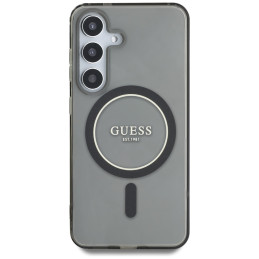 „Guess“ blizgantis apskritimas su klasikiniu logotipu, „MagSafe“ dėklas, skirtas „Samsung Galaxy S25“, juodas