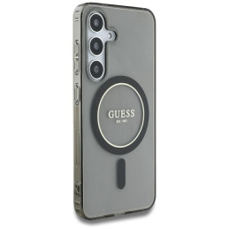 „Guess“ blizgantis apskritimas su klasikiniu logotipu, „MagSafe“ dėklas, skirtas „Samsung Galaxy S25“, juodas