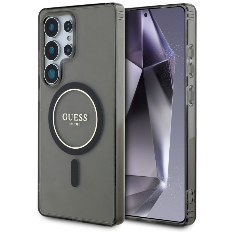 „Guess“ blizgantis apskritimas su klasikiniu logotipu, „MagSafe“ dėklas, skirtas „Samsung Galaxy S25 Ultra“, juodas