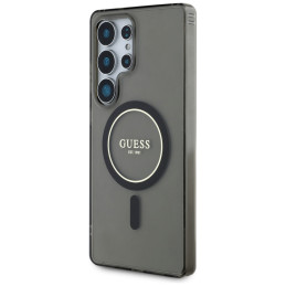 „Guess“ blizgantis apskritimas su klasikiniu logotipu, „MagSafe“ dėklas, skirtas „Samsung Galaxy S25 Ultra“, juodas
