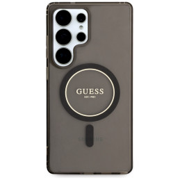 „Guess“ blizgantis apskritimas su klasikiniu logotipu, „MagSafe“ dėklas, skirtas „Samsung Galaxy S25 Ultra“, juodas