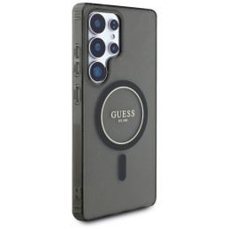 „Guess“ blizgantis apskritimas su klasikiniu logotipu, „MagSafe“ dėklas, skirtas „Samsung Galaxy S25 Ultra“, juodas