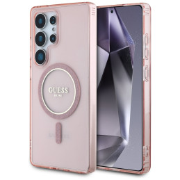 „Guess“ blizgučiais apibrauktas klasikinio logotipo „MagSafe“ dėklas, skirtas „Samsung Galaxy S25 Ultra“, rožinis