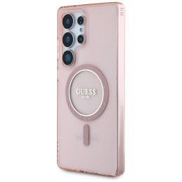 „Guess“ blizgučiais apibrauktas klasikinio logotipo „MagSafe“ dėklas, skirtas „Samsung Galaxy S25 Ultra“, rožinis