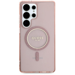 „Guess“ blizgučiais apibrauktas klasikinio logotipo „MagSafe“ dėklas, skirtas „Samsung Galaxy S25 Ultra“, rožinis